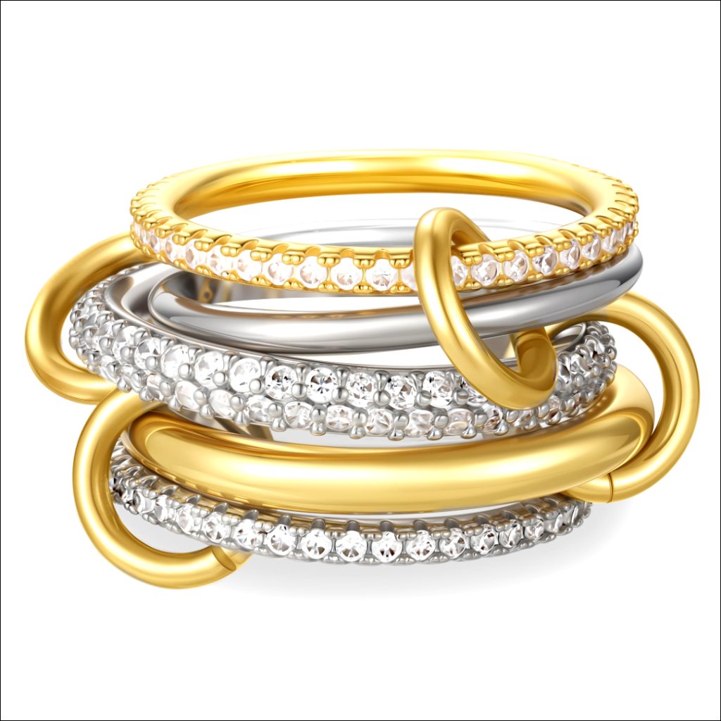 18k Gold Plated Stackable Rings Set, Size 8, Cubic Zirconia, Mixed Metals